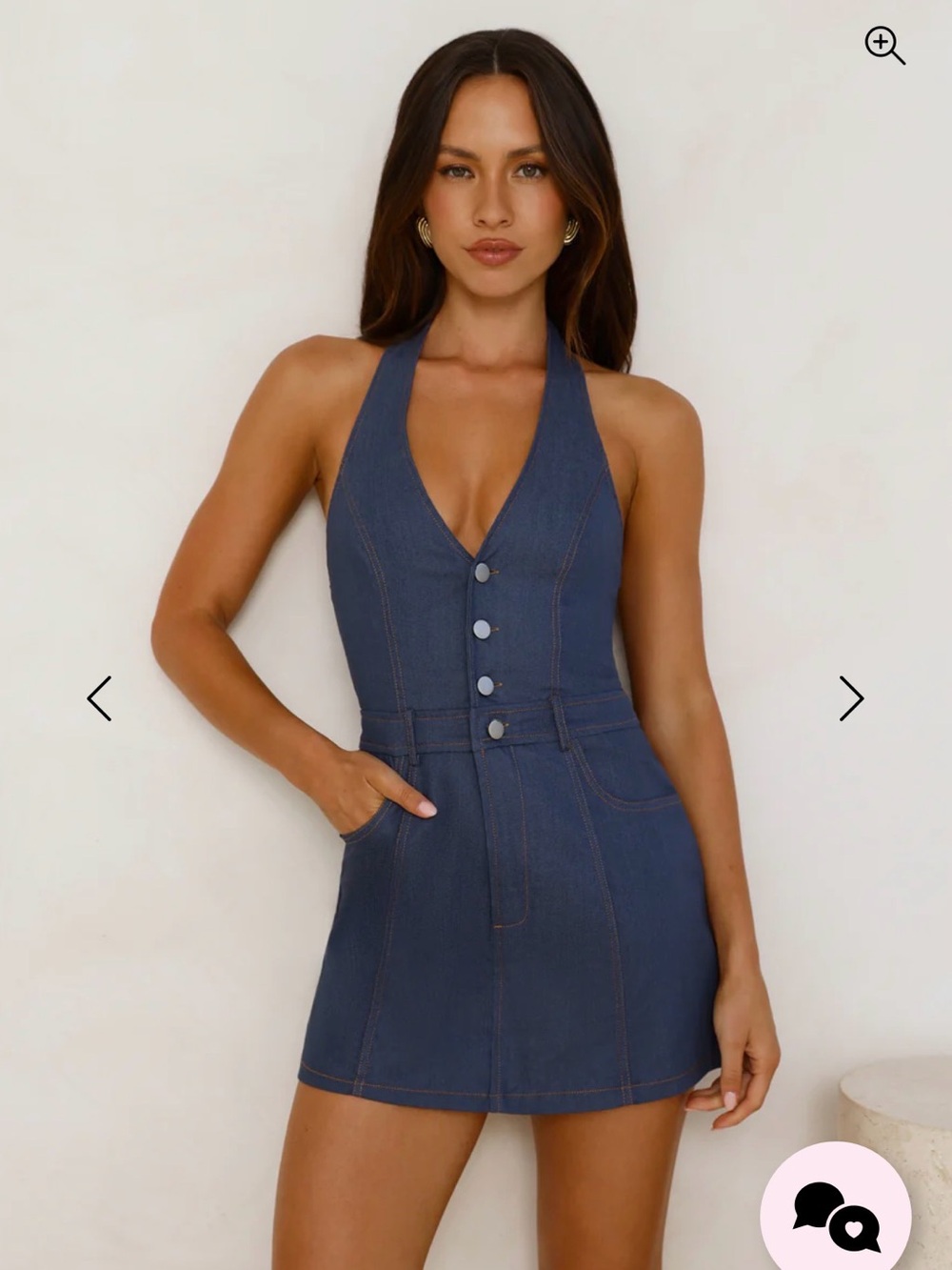 Hello Molly Denim Halter Mini Dress with Button Front romper- Blue